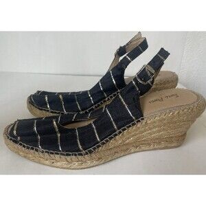 Toni Pons Carmina Espadrille Wedge Shoes Women's Black Stripe Peep Toe Size US 8